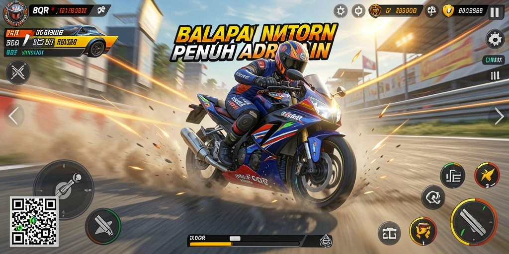 Tangkapan layar gameplay 8QR menampilkan aksi balapan motor yang mendebarkan.
