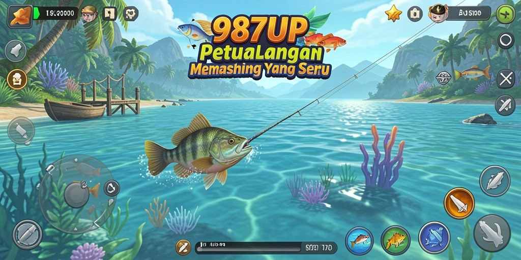 Tampilan gameplay 987UP dengan pemandangan lokasi memancing yang indah.