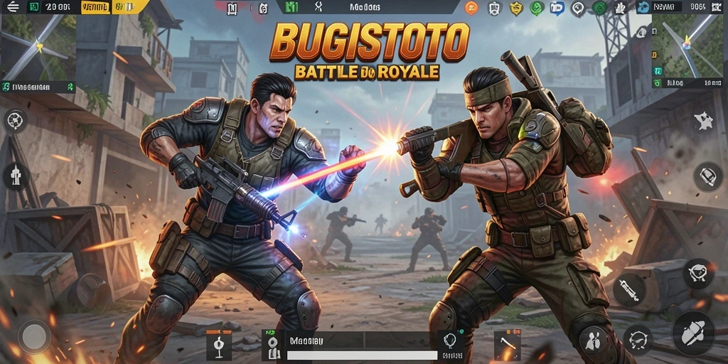 Screenshot gameplay BUGISTOTO dengan aksi seru di arena Battle Royale.