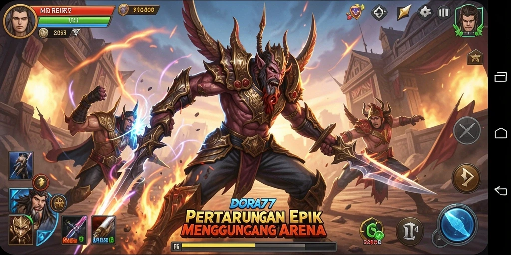 Tangkapan layar DORA77: Pertarungan seru di arena dengan karakter unik.