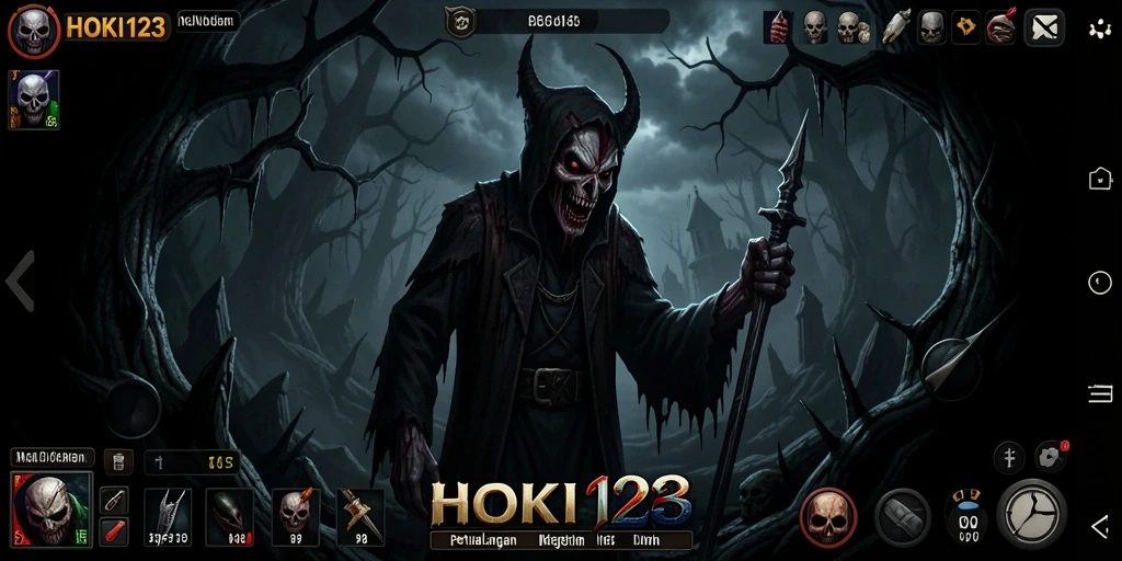 Tampilan gameplay HOKI123 yang menakutkan dengan suasana gelap.