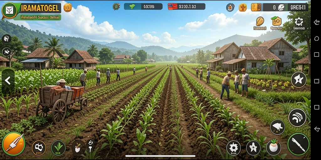 Screenshot permainan IRAMATOGEL menampilkan aktivitas pertanian yang mengasyikkan.