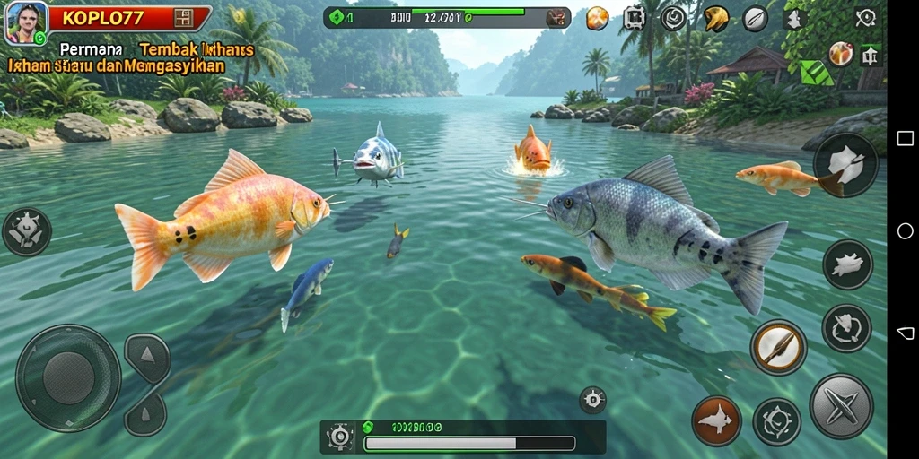 Screenshot KOPLO77 menunjukkan pemain menembak berbagai jenis ikan di laut.