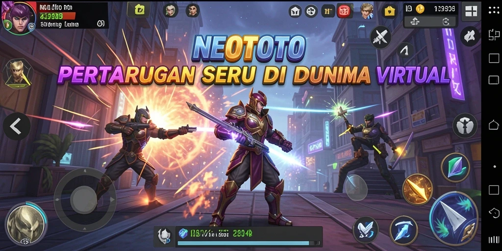Screenshot utama NEOTOTO menampilkan aksi pertarungan intens antara karakter di arena.