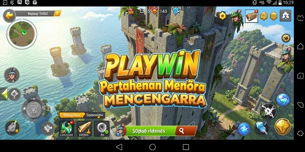 Screenshot menunjukkan gameplay menarik dari menara yang bertahan melawan gelombang musuh.