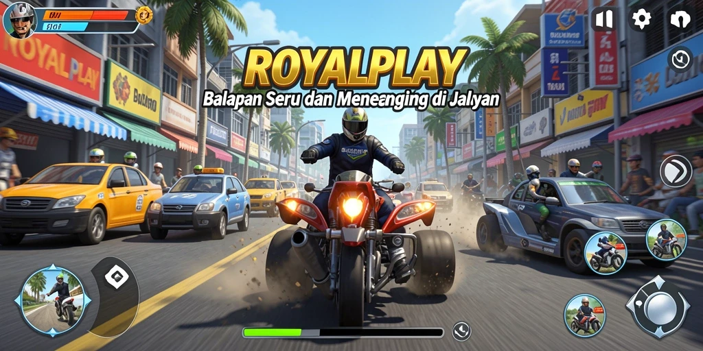 Screenshot ROYALPLAY menampilkan aksi balapan yang mendebarkan di lintasan yang detail.