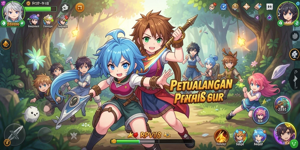 Screenshot gameplay RPVIP8 menunjukkan berbagai karakter anime dalam pertarungan.