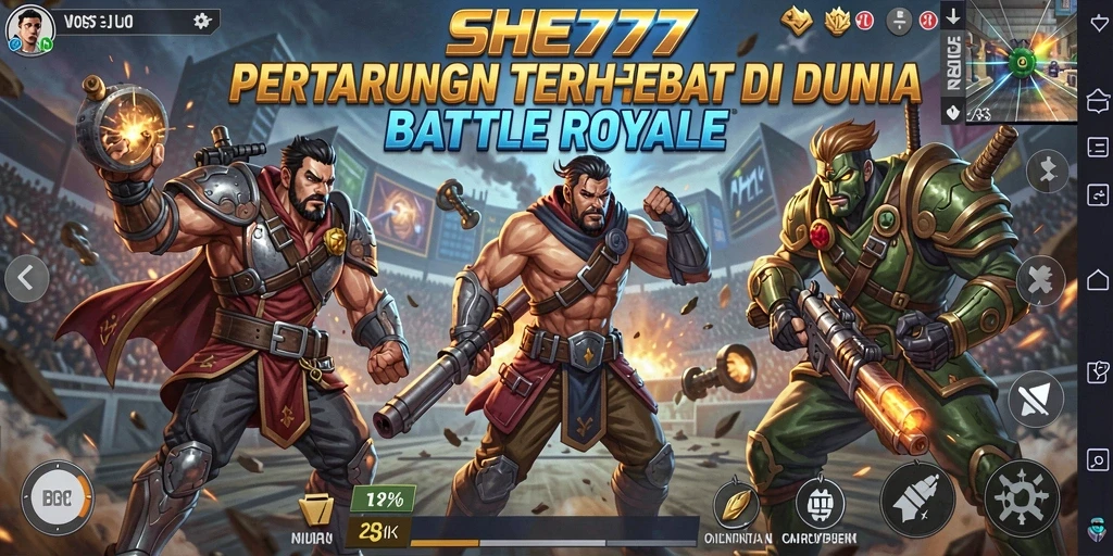 Screenshot utama SHE777 menampilkan pertarungan seru di medan perang.