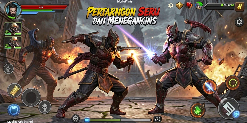 Tampilan gameplay ZK3 dengan karakter bertarung di arena.